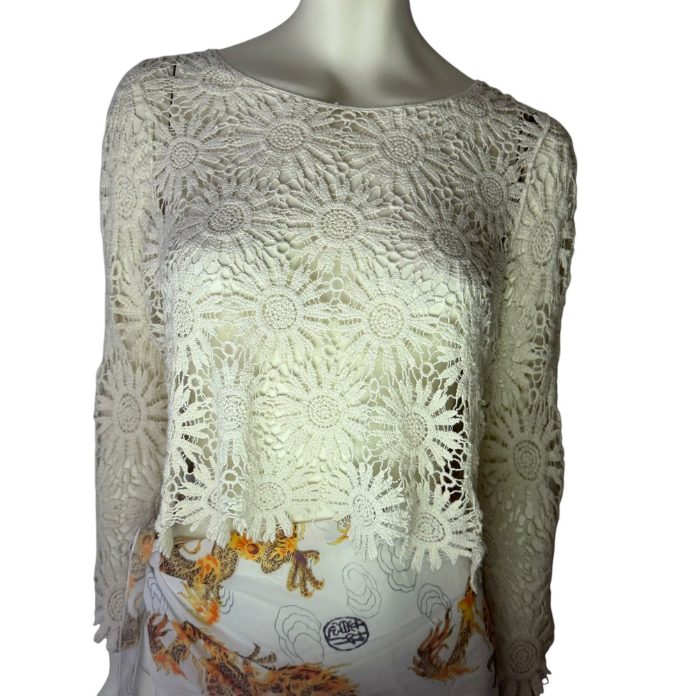 Spoof Crochet Lace Top Sunflower Floral Long Sleeve Cream Boho Cottagecore S/M